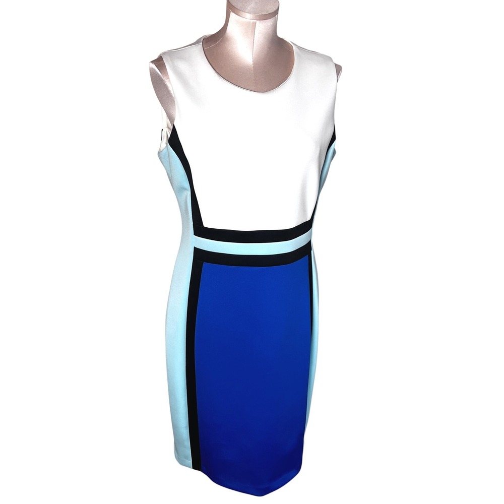 Calvin Klein Colorblock Sheath Dress Blue White Black Modest Size 12 NEW Scuba